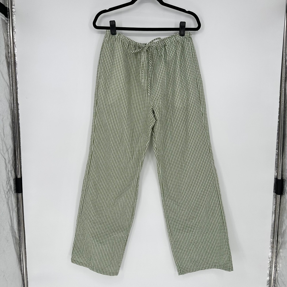 Cali 1850 Green Sage White Gingham Seersucker Pull On Pants Boho Summer Chic L - Picture 2 of 6